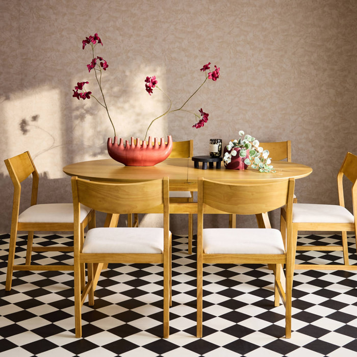 Table à manger oblongue extensible. 160-200cm + 6 chaises en bois d'hévéa et tissu beige