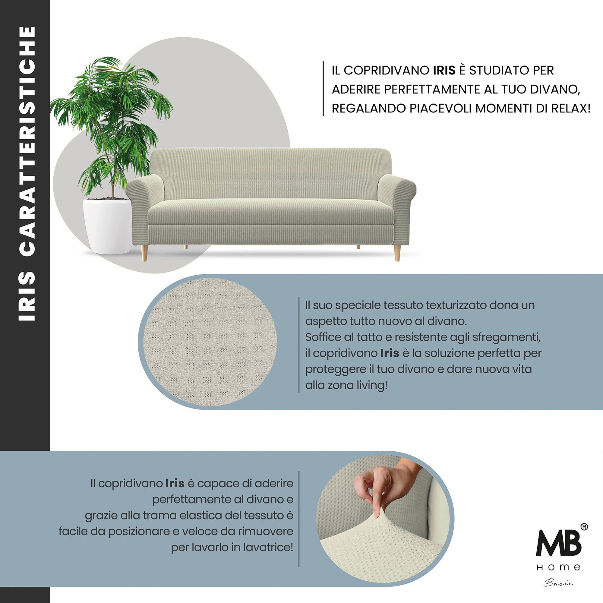 COPRIDIVANO IRIS, Elastico, Estensibile e Sagomato - PANNA