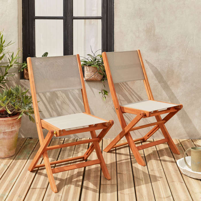 Chaises de jardin en bois et textilène - Almeria Gris taupe - 2 chaises pliantes en bois d'Eucalyptus huilé et textilène