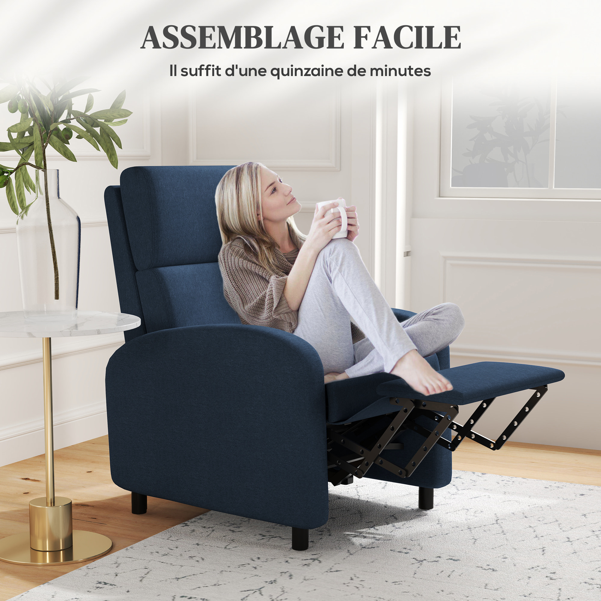Fauteuil de relaxation inclinable réglable repose-pied tissu bleu