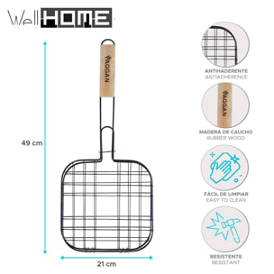 Well home - parrilla grill con mango de madera y revestimiento antiadhernte 21x21cm