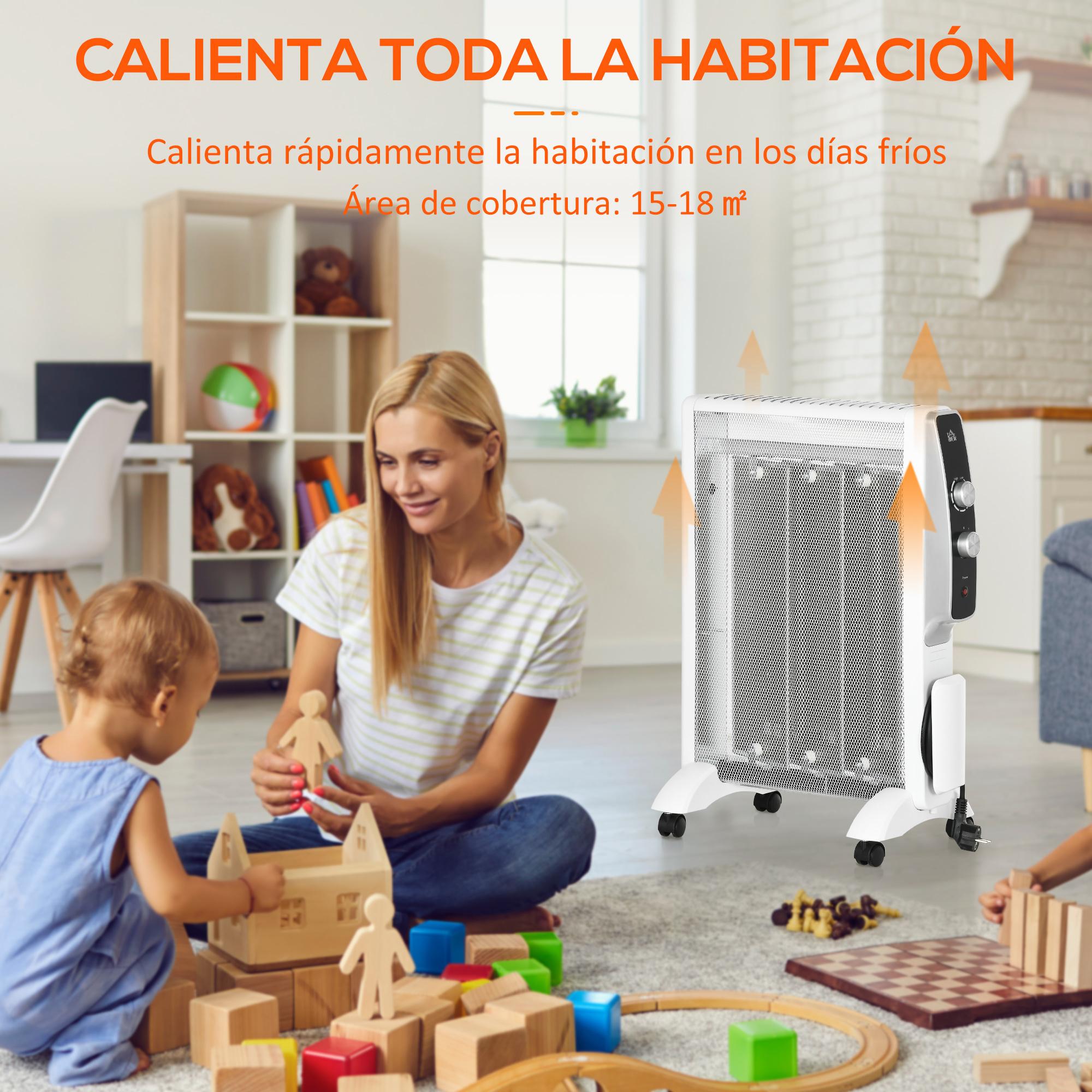 HOMCOM Calefactor Eléctrico 750W/1500W Radiador de Mica con 2 Niveles de Potencia Termostato Regulable y 4 Ruedas para Sala de 15-18 m² Silencioso 47x26,5x61,5 cm Blanco