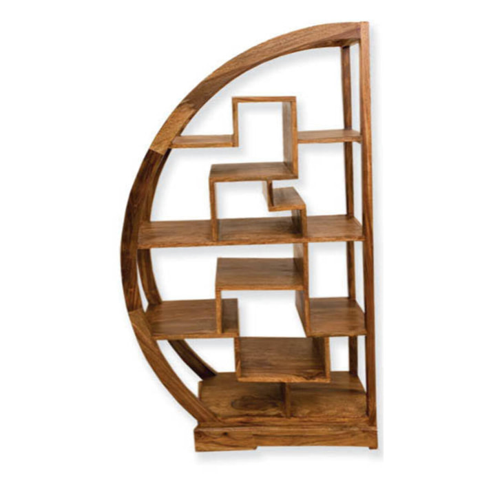 Libreria rotonda in legno massello con ripiani interni asimmetrici, 80 x 40 x 150, Noce