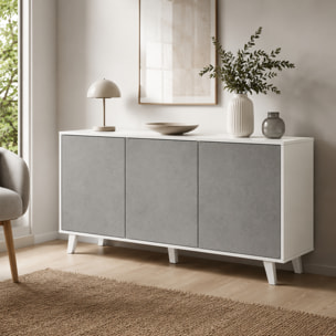 Credenza Moderna Madia 3 Ante Senza Maniglie Design Minimal Con Piedini RialzatiPer Soggiorno Ingresso 154 x 72 x 40 Cm Bianco e Grigio Cemento