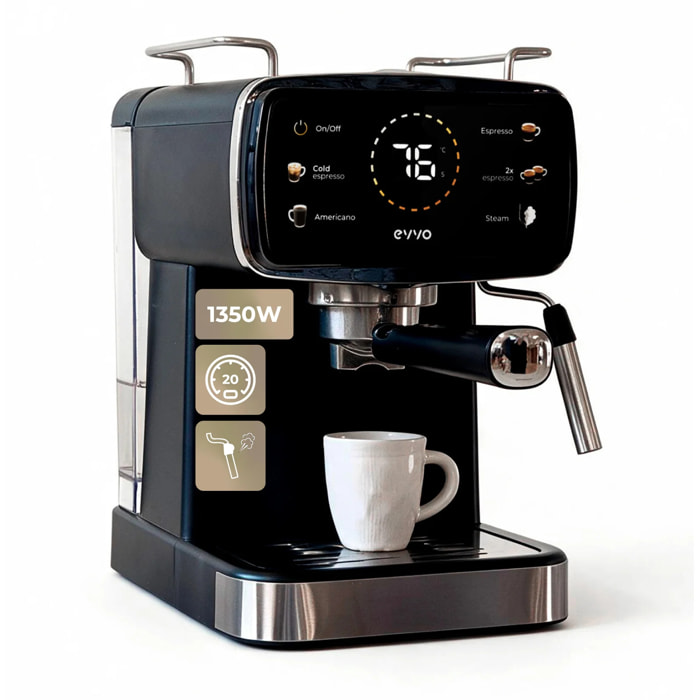 EVVO Cafetera Express Intensa 30. panel táctil a color. 20 bares de presion. Espressos y Capuccinos. 1350W. Doble salida. portafiltros. Depósito de 1.5 l