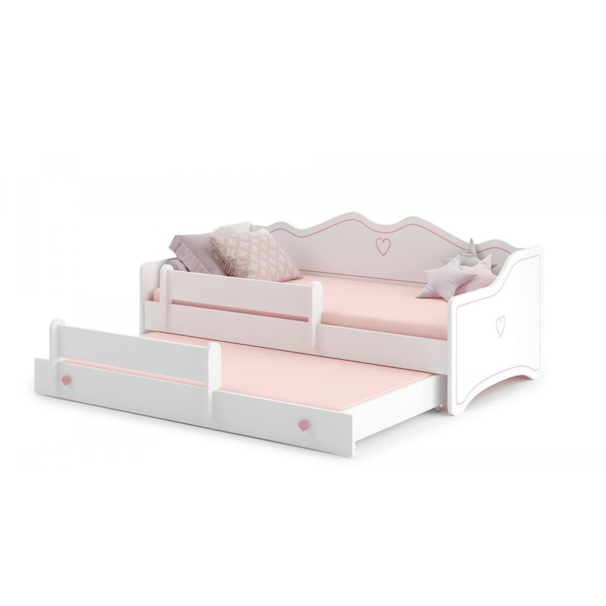 Letto singolo per bambini, Divano letto con secondo lettino estraibile, Lettino con decorazione con protezione anticaduta, cm 164x88h70, colore Bianco e Rosa