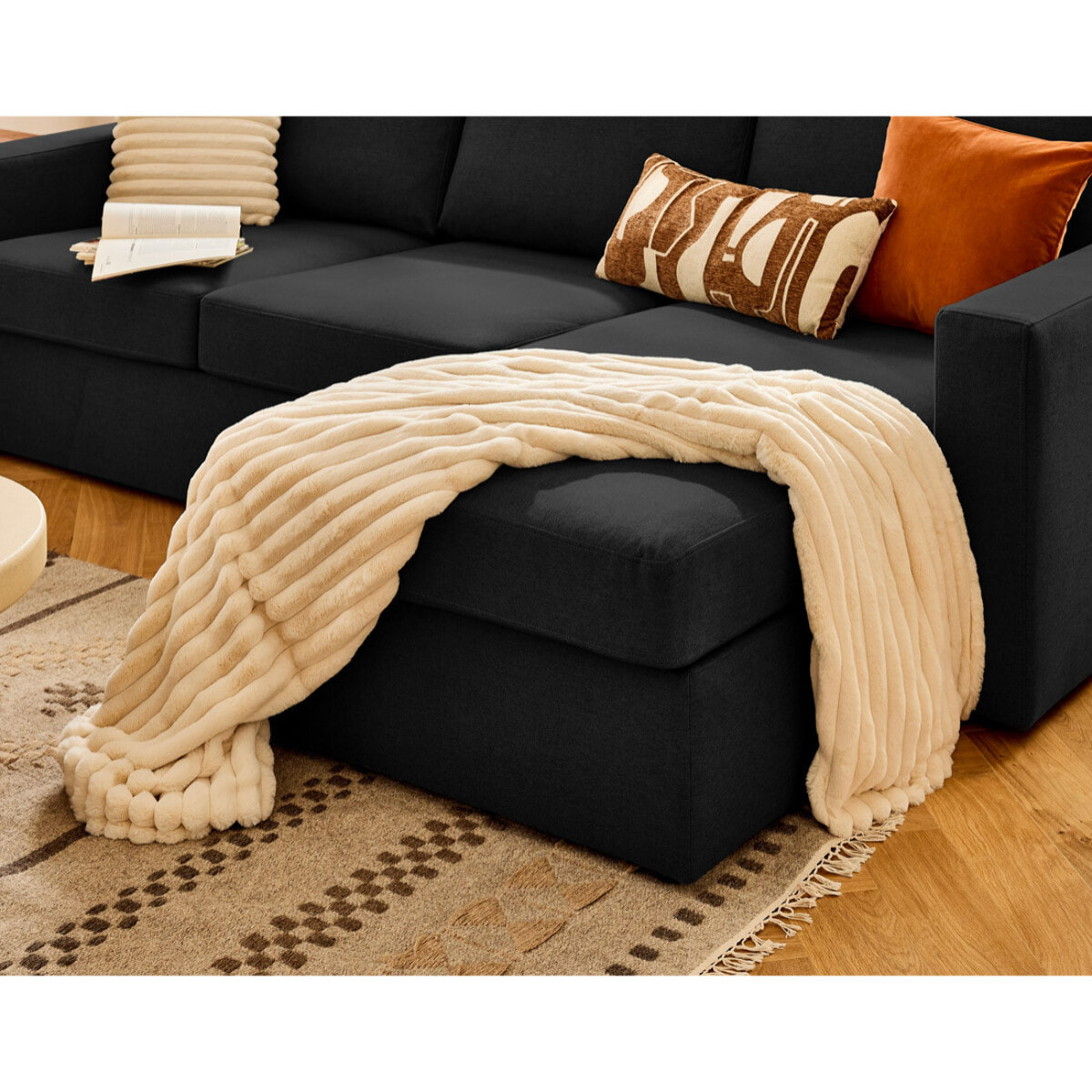 Barrie - canapé d'angle réversible 4 places avec têtière amovible en tissu - Noir