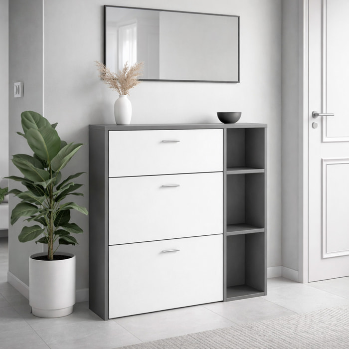 Scarpiera Mobile Portascarpe Salvaspazio Ingresso Con 2 Ribalte Doppia Profondità 1 Cassetto 3 Vani A Giorno 90 x 101.5 x 26 Cm Bianco e Grafite