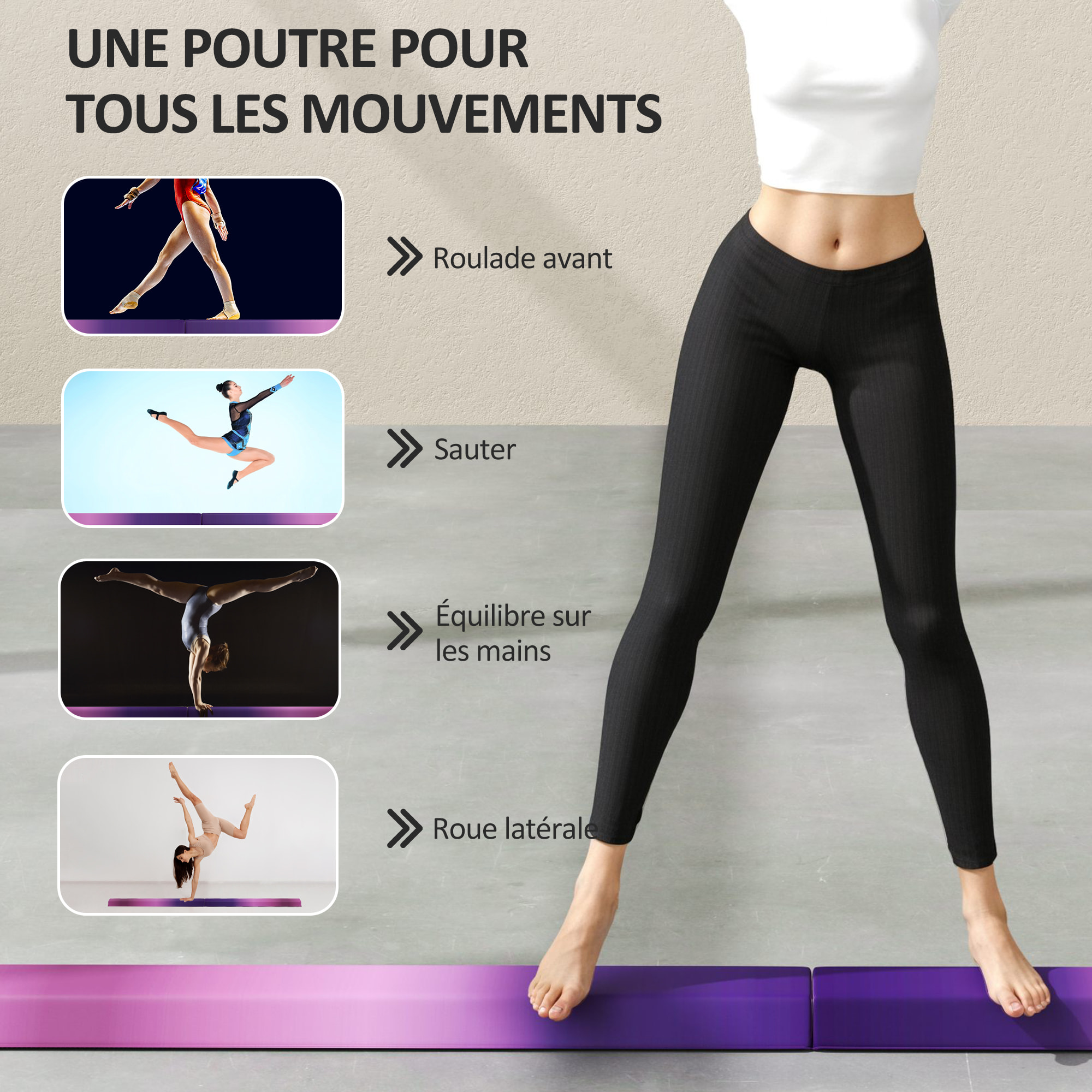 Poutre de gymnastique pliable 236cm fond antidérapant poignée transport violet rose