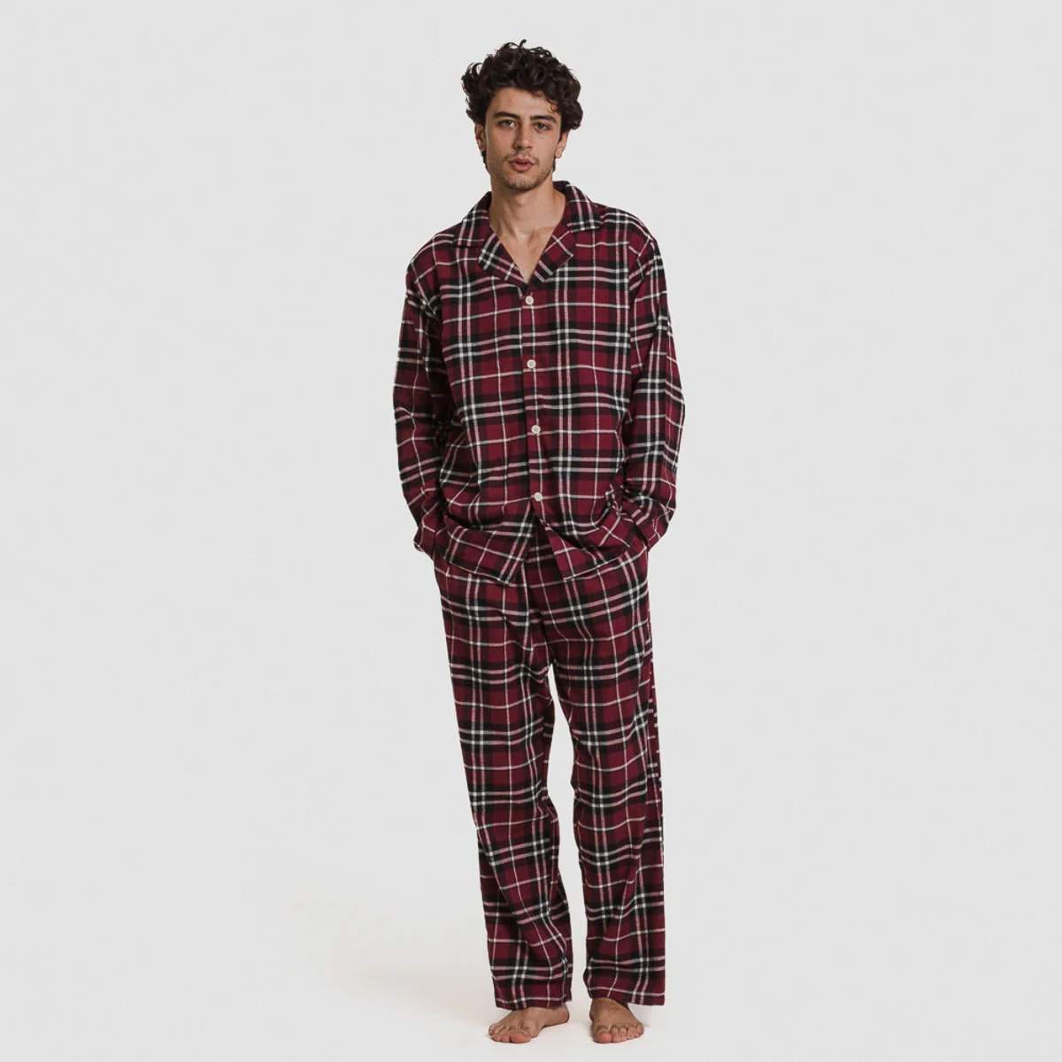 Pijama franela manga larga camisero hombre Cuadro Sauron Burdeos