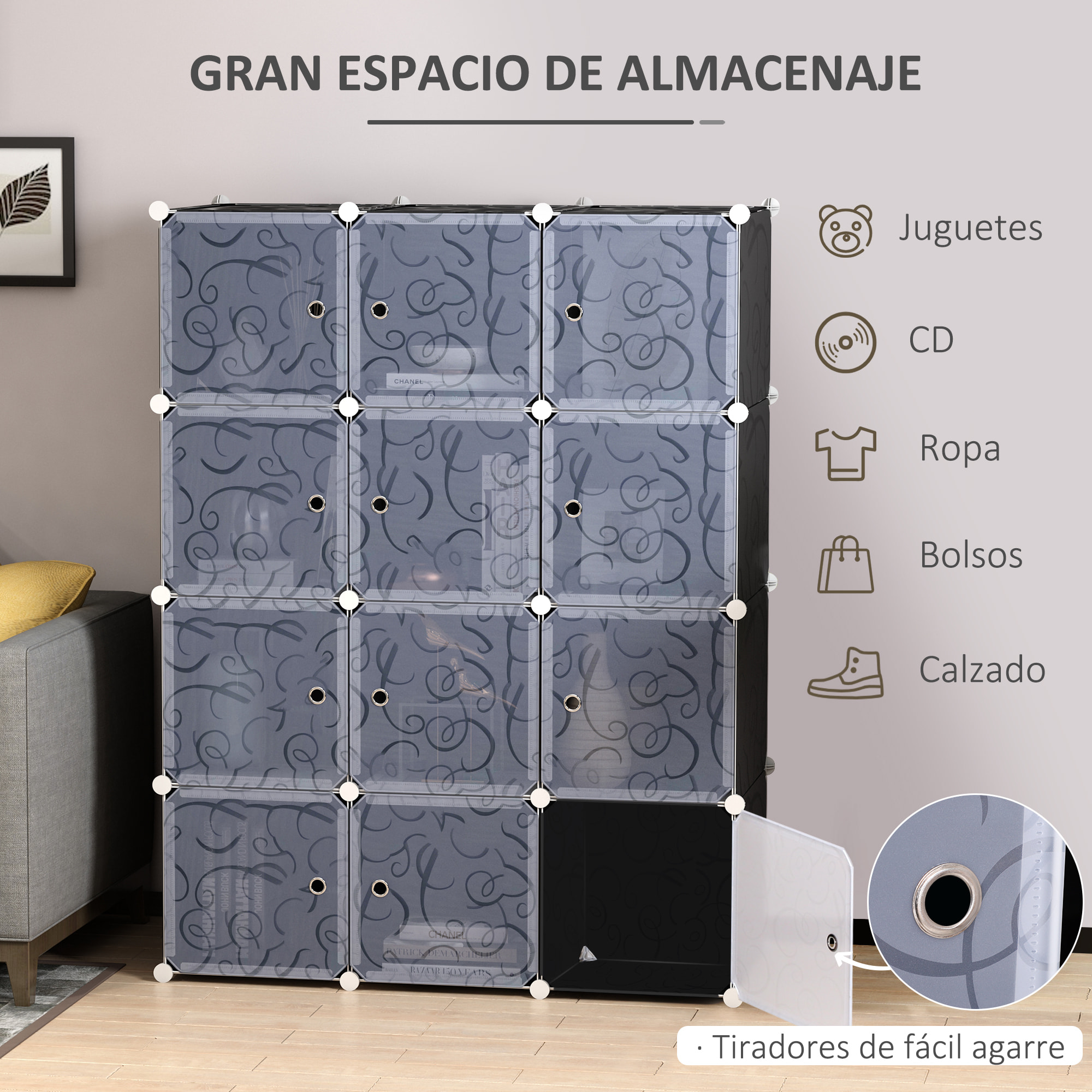 Armario Modular 12 Cubos con Puerta 111x47x145cm Blanco, Negro