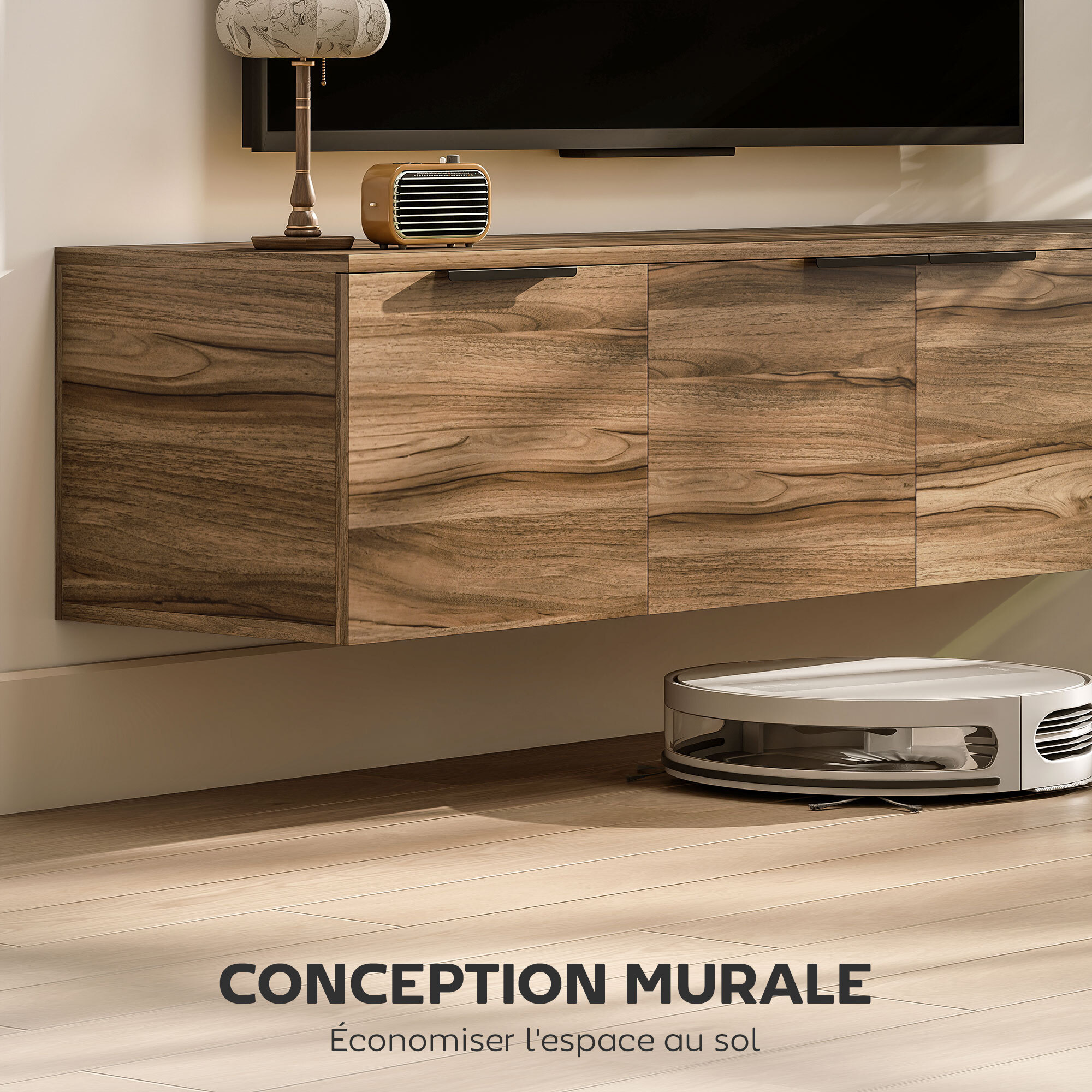 Meuble TV suspendu flottant design effet bois de noyer 4 portes 2 étagères dim. 150 x 35 x 32 cm