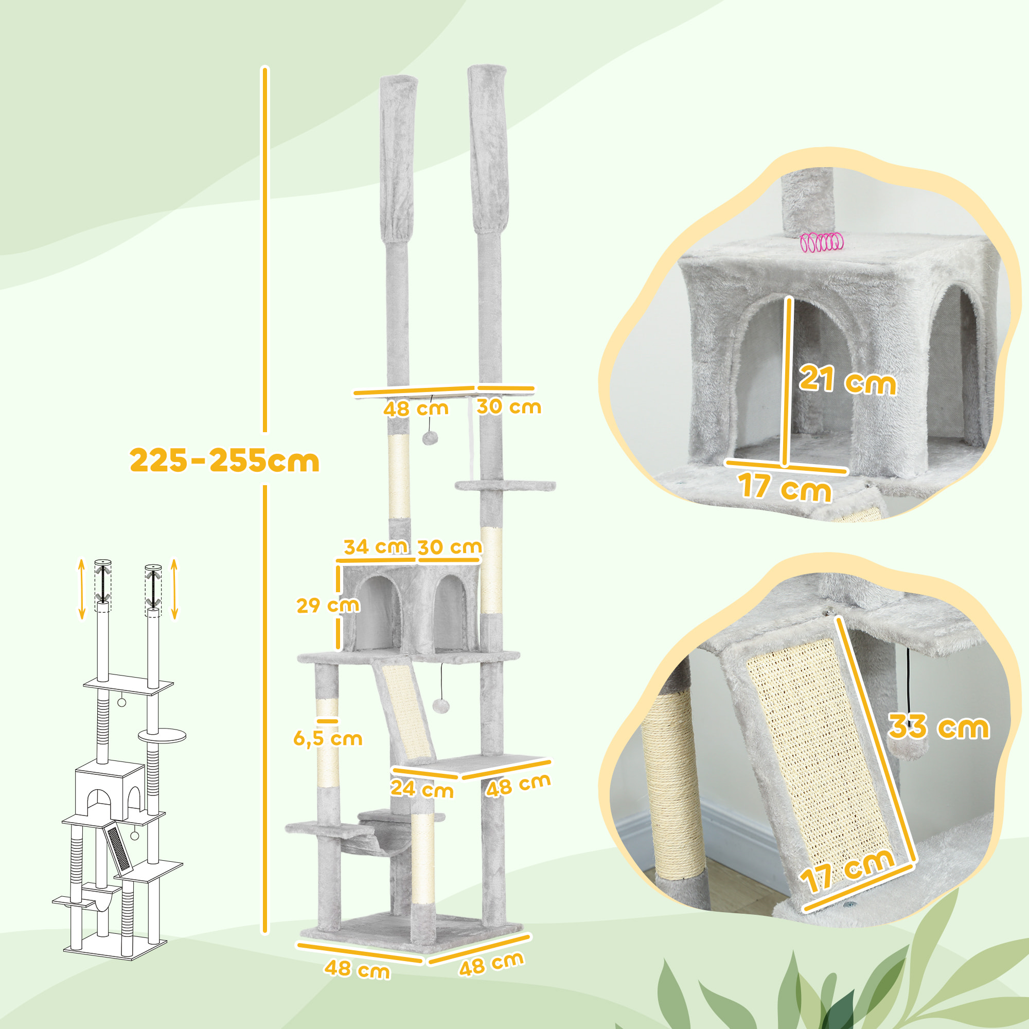 Arbre à chat du sol au plafond XXL, hauteur réglable 225-255 cm, griffoir pour chat en sisal à 6 niveaux avec niche, hamac, plates-formes, échelle et 2 pompons suspendues, gris clair
