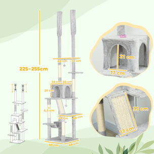 Arbre à chat du sol au plafond XXL, hauteur réglable 225-255 cm, griffoir pour chat en sisal à 6 niveaux avec niche, hamac, plates-formes, échelle et 2 pompons suspendues, gris clair