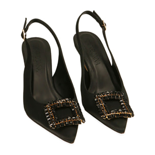Décolleté slingback nere in raso, tacco 7,5 cm