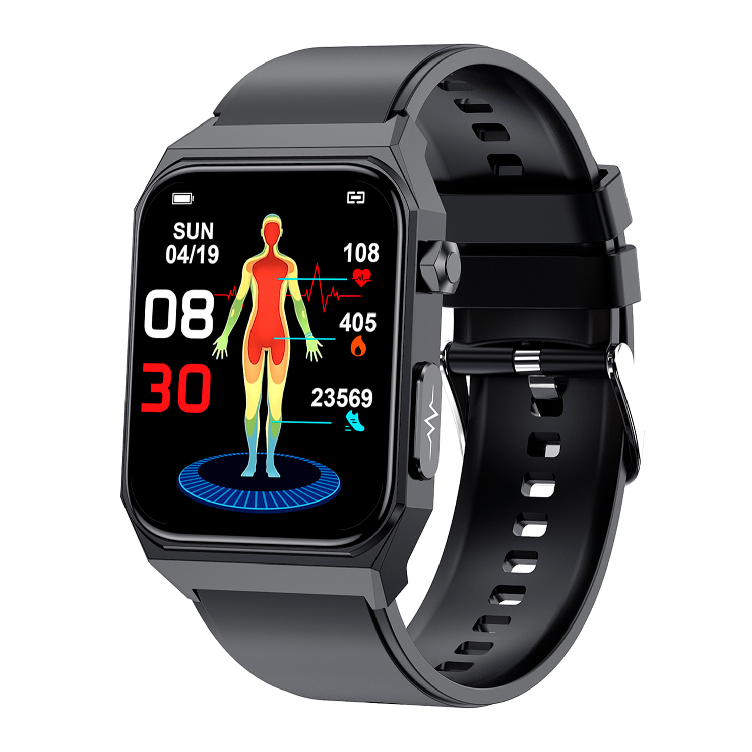 Smartwatch E530 con detección de glucosa en sangre, monitor de tensión y O2. ECG con medición en pecho. Pantalla de 1,91.