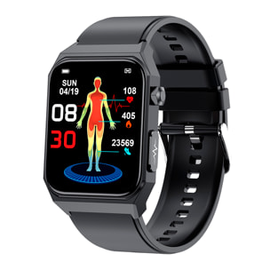Smartwatch E530 con detección de glucosa en sangre, monitor de tensión y O2. ECG con medición en pecho. Pantalla de 1,91.