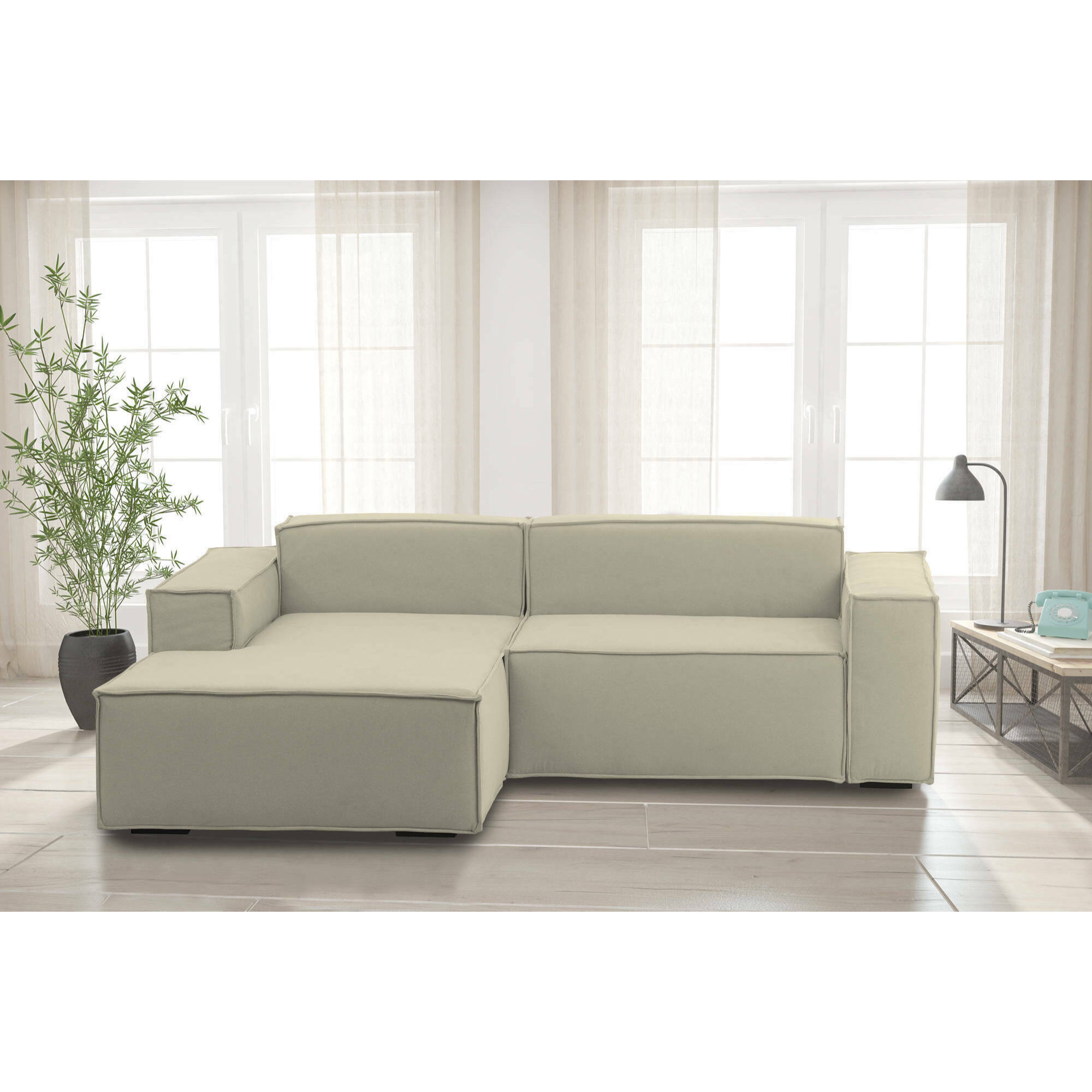 Divano fisso Daniela, Divano componibile a 2 posti large con penisola sinistra, 100% Made in Italy, Sofà moderno in tessuto, Cm 240x170h70, Beige