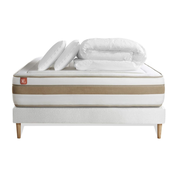 Pack Matelas Le Raffiné - 26cm - Ressorts ensachés et mémoire de forme - Confort haut de gamme, impact réduit. - Sommier kit Blanc - Avec couette et oreillers