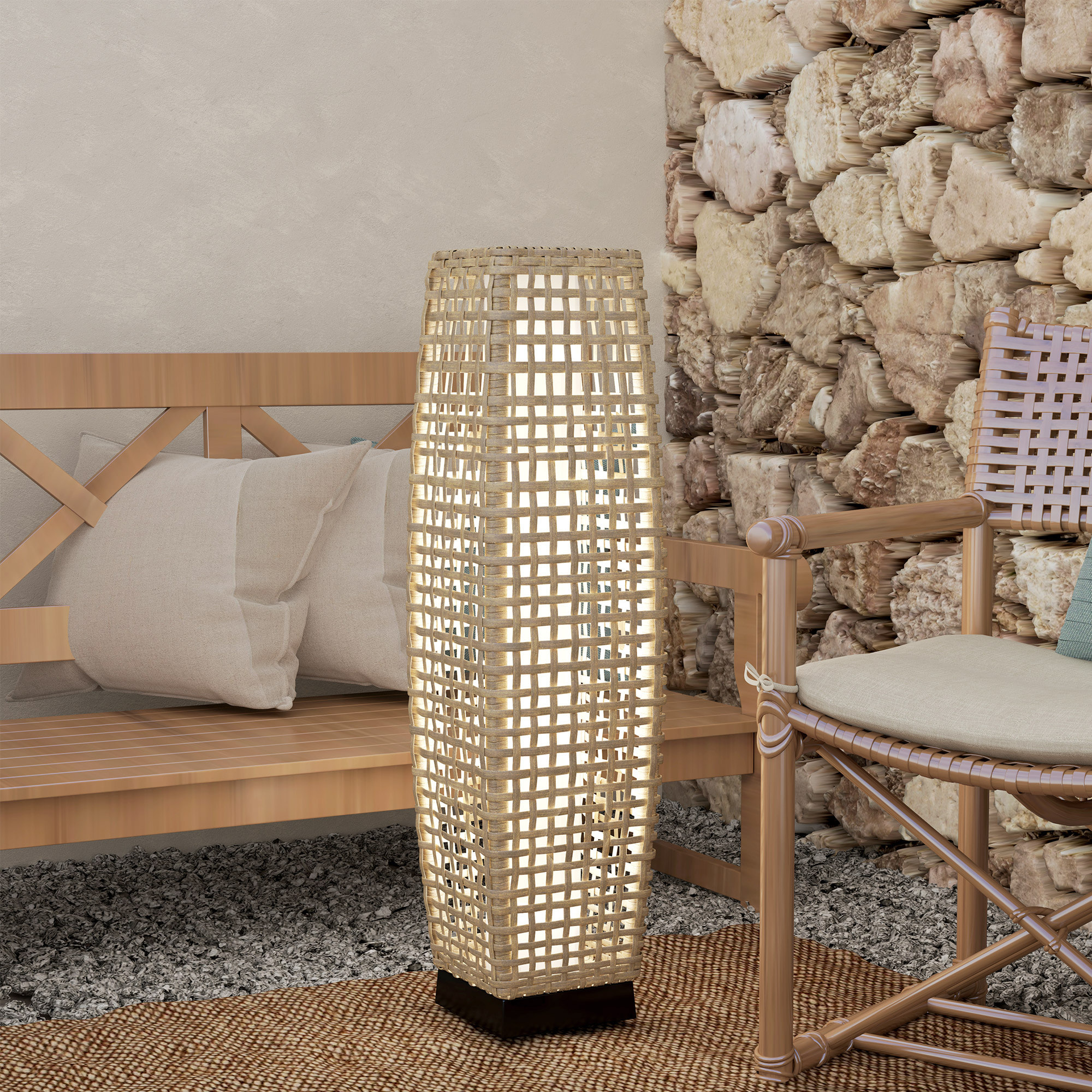 Linterna de Jardín de Ratán Sintético Luces Solares Exterior con Luces LED Encendido/Apagado Automático para Terraza Balcón Patio 21x21x78 cm Natural