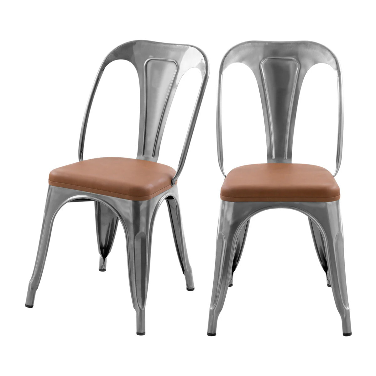 Lot de 2 chaises en métal chrome et cuir synthétique marron - Charly