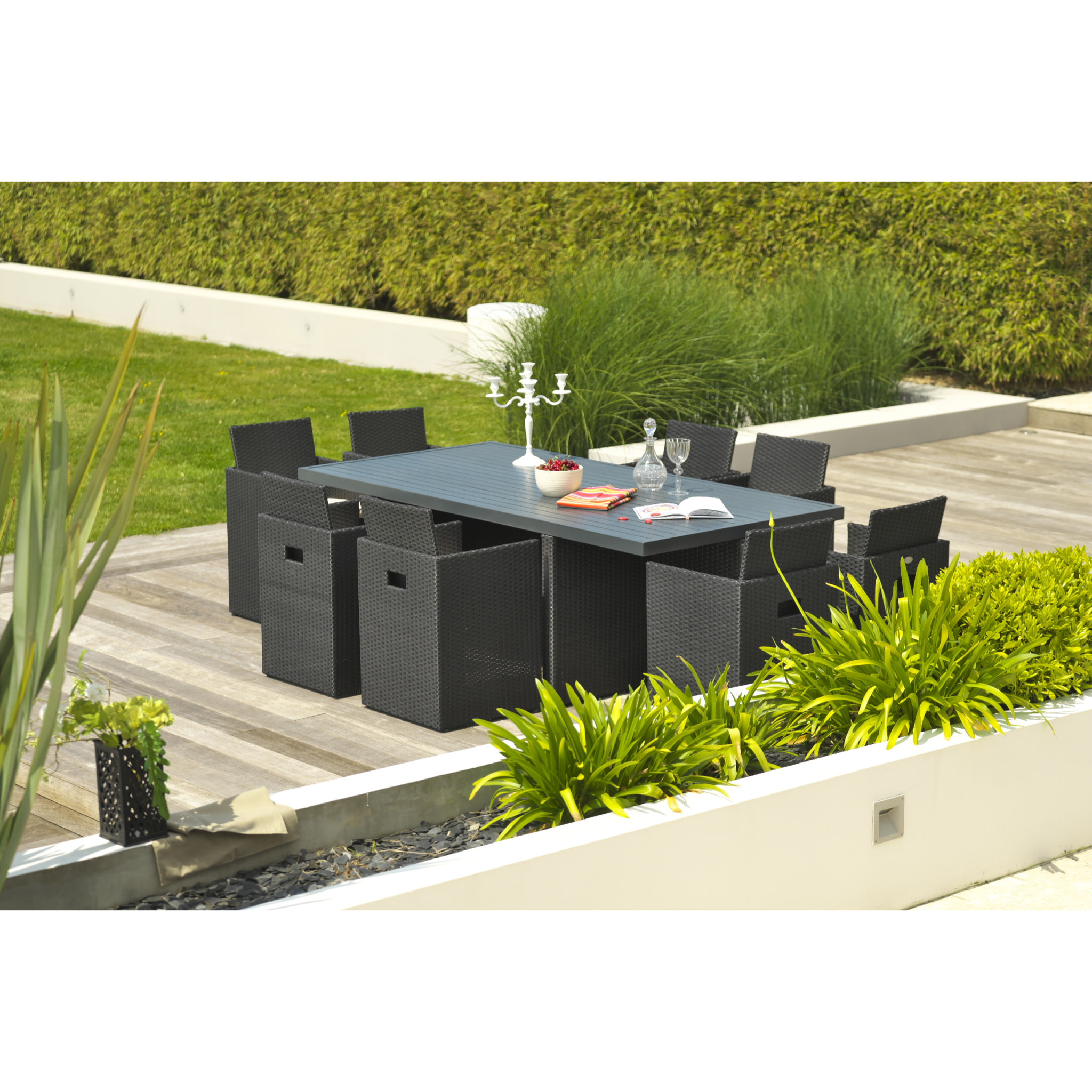 PVC-8-ALU - Ensemble repas encastrable 8 places résine tressée noire