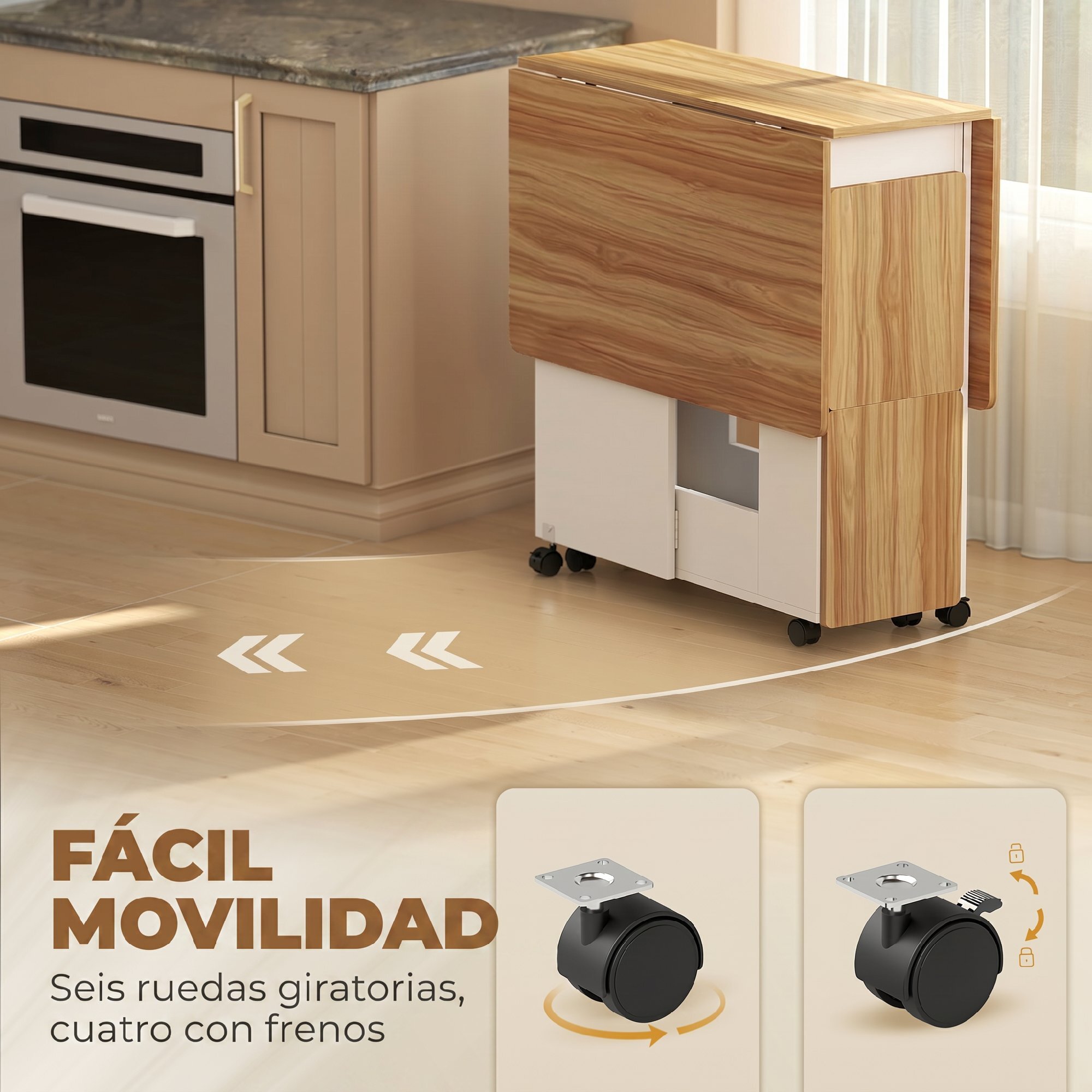 HOMCOM Conjunto Mesa y 4 Sillas de Comedor, Mesa de Comedor Plegable con Taburetes Ocultos, 2 Alas Abatibles, Ruedas, Estantes, Ahorro de Espacio, para 4-6 Personas, Roble