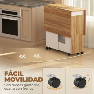 HOMCOM Conjunto Mesa y 4 Sillas de Comedor, Mesa de Comedor Plegable con Taburetes Ocultos, 2 Alas Abatibles, Ruedas, Estantes, Ahorro de Espacio, para 4-6 Personas, Roble