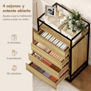 Cómoda 4 Cajones, Cómoda Dormitorio con Superficie de Vidrio Templado, Estante Abierto, Estructura de Acero, Cajonera para Salón, Oficina, 60x40x94,5 cm, Teca