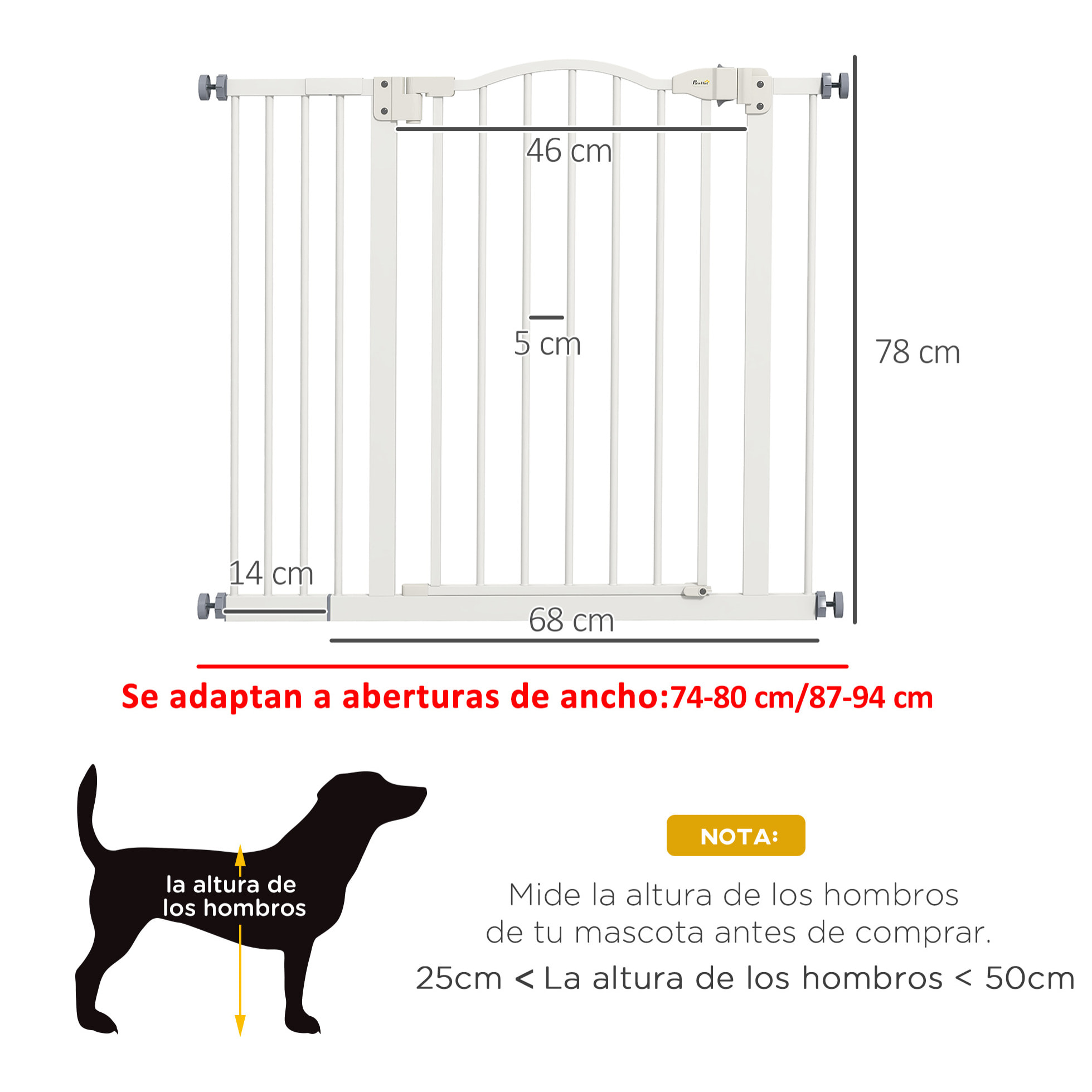 Barrera de seguridad para Perros Extensible 74-94 cm, para Puertas y Escaleras, Barrera para Perros con Extensión 14 cm, Montaje a Presión y Doble Bloqueo, Blanco