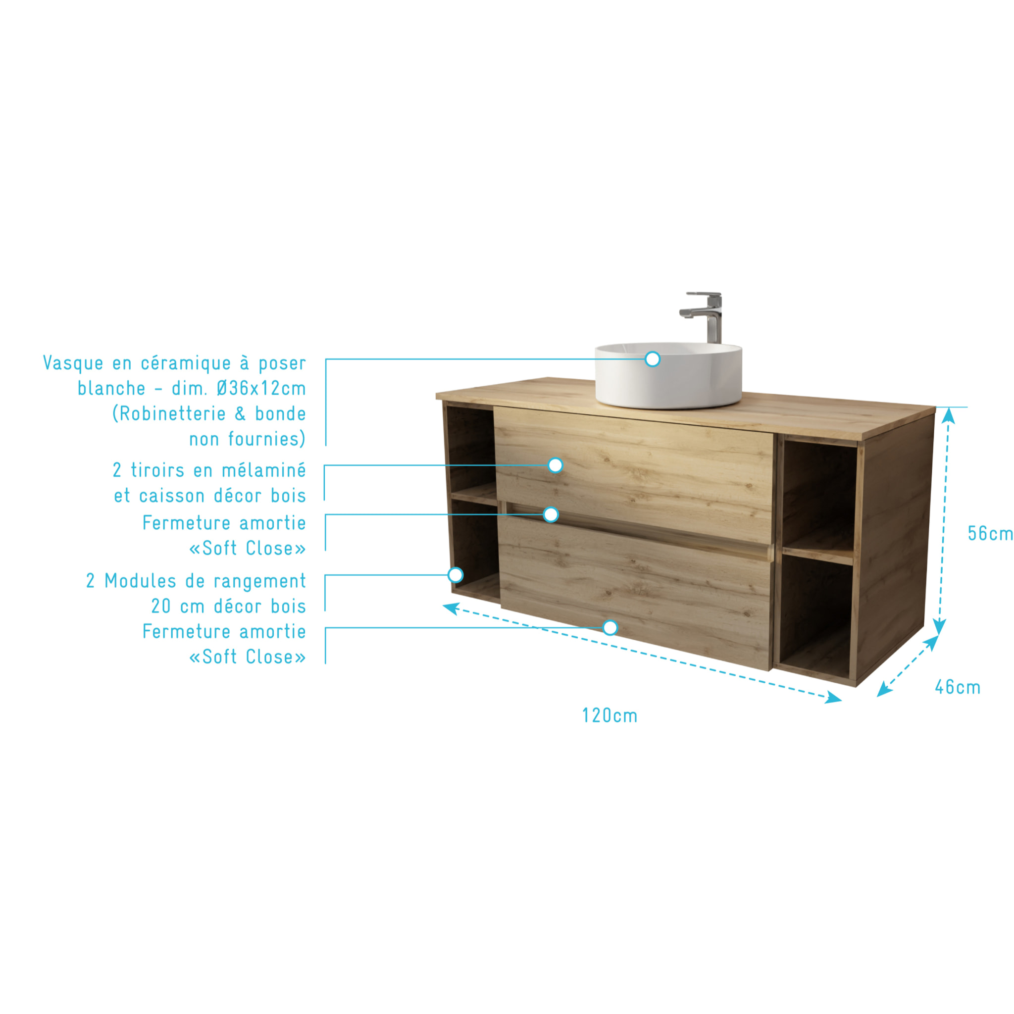 Meuble de salle de bains 120 cm TIMBER - Décor Chêne, 2 tiroirs, Vasque blanche à poser