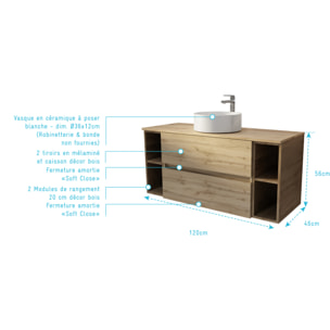 Meuble de salle de bains 120 cm TIMBER - Décor Chêne, 2 tiroirs, Vasque blanche à poser