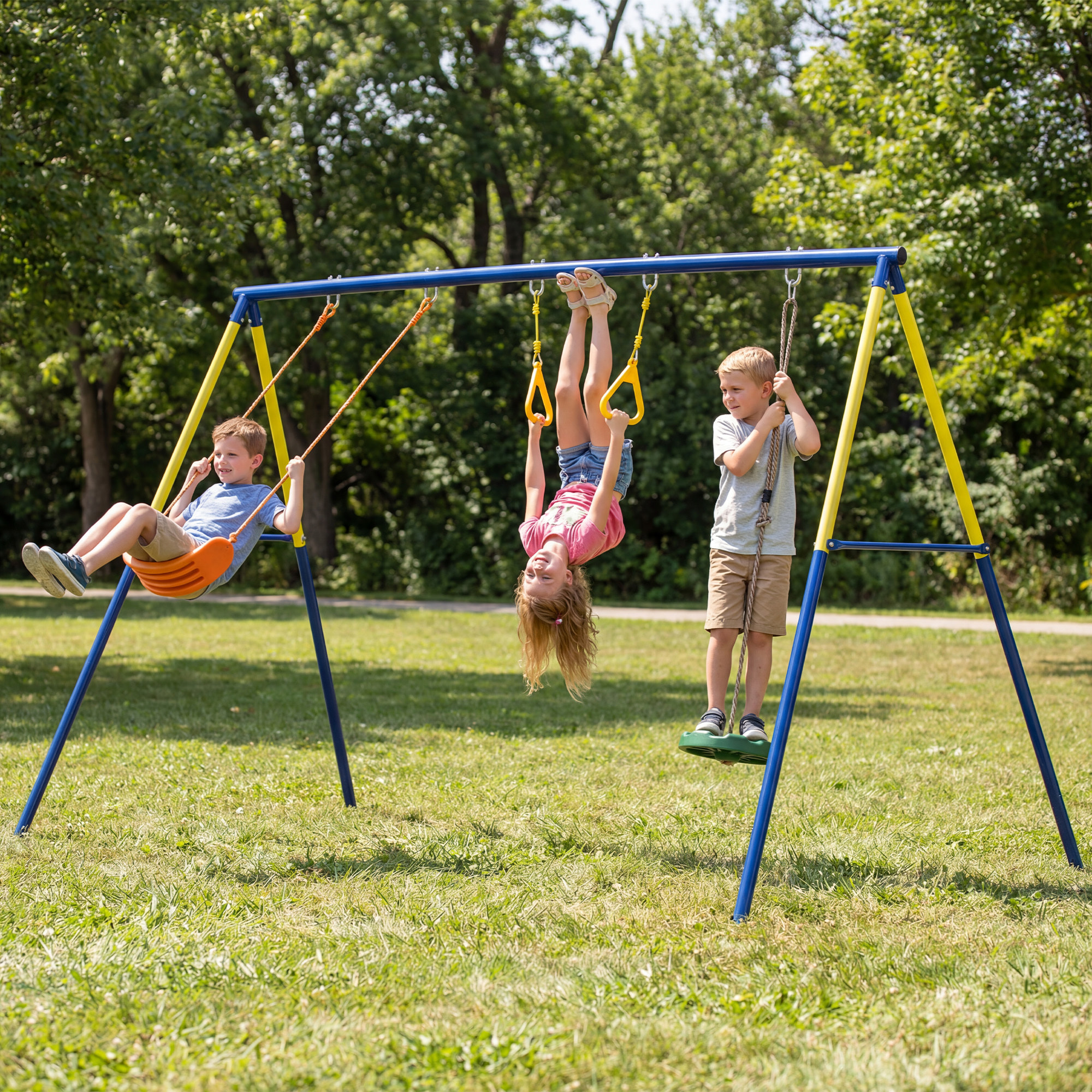 Balançoire 3 agrès - balançoire disque, balançoire une place, anneaux - acier jaune bleu