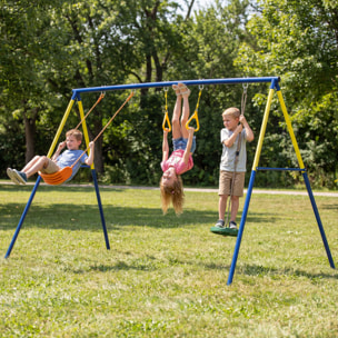 Balançoire 3 agrès - balançoire disque, balançoire une place, anneaux - acier jaune bleu