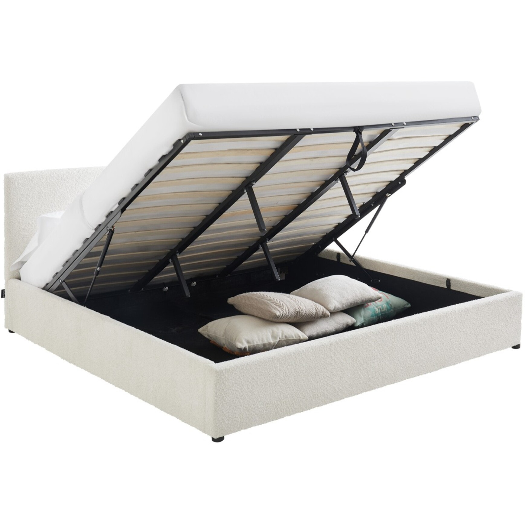 Lit coffre avec tête de lit en tissu bouclé - TINA