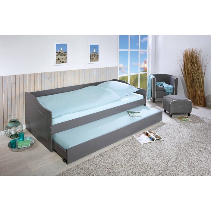Divano letto con letto estraibile, in pino tinto grigio, cm 97x208x62