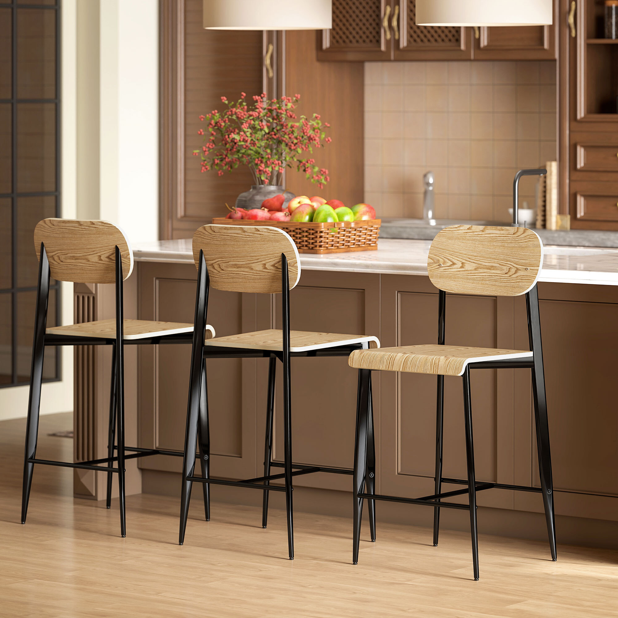 Lot de 2 tabourets de bar chaises de bar design structure acier noir assise dossier effet bois clair