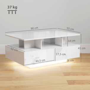 Mesa de Centro LED Moderna Mesa de Café Brillante con 4 Cajones Estante Abierto y Luces LED de 16 Colores para Salón 90x55x41 cm Blanco Brillo