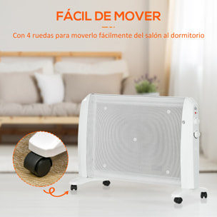 Calefactor Eléctrico 1000W/2000W Radiador de Mica con 2 Niveles de Potencia Termostato Regulable y 4 Ruedas para Sala de 15-20 m² Silencioso 79x27x54 cm Blanco