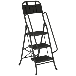 Escalera Plegable de 3 Peldaños con Bolsa de Herramientas, Escalera de Tijera, Carga 150 kg, con Peldaños Anchos Antideslizantes, Bloqueo de Seguridad, Apoyabrazos, Negro