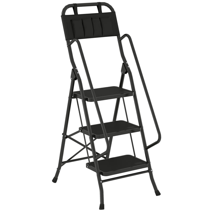 Escalera Plegable de 3 Peldaños con Bolsa de Herramientas, Escalera de Tijera, Carga 150 kg, con Peldaños Anchos Antideslizantes, Bloqueo de Seguridad, Apoyabrazos, Negro