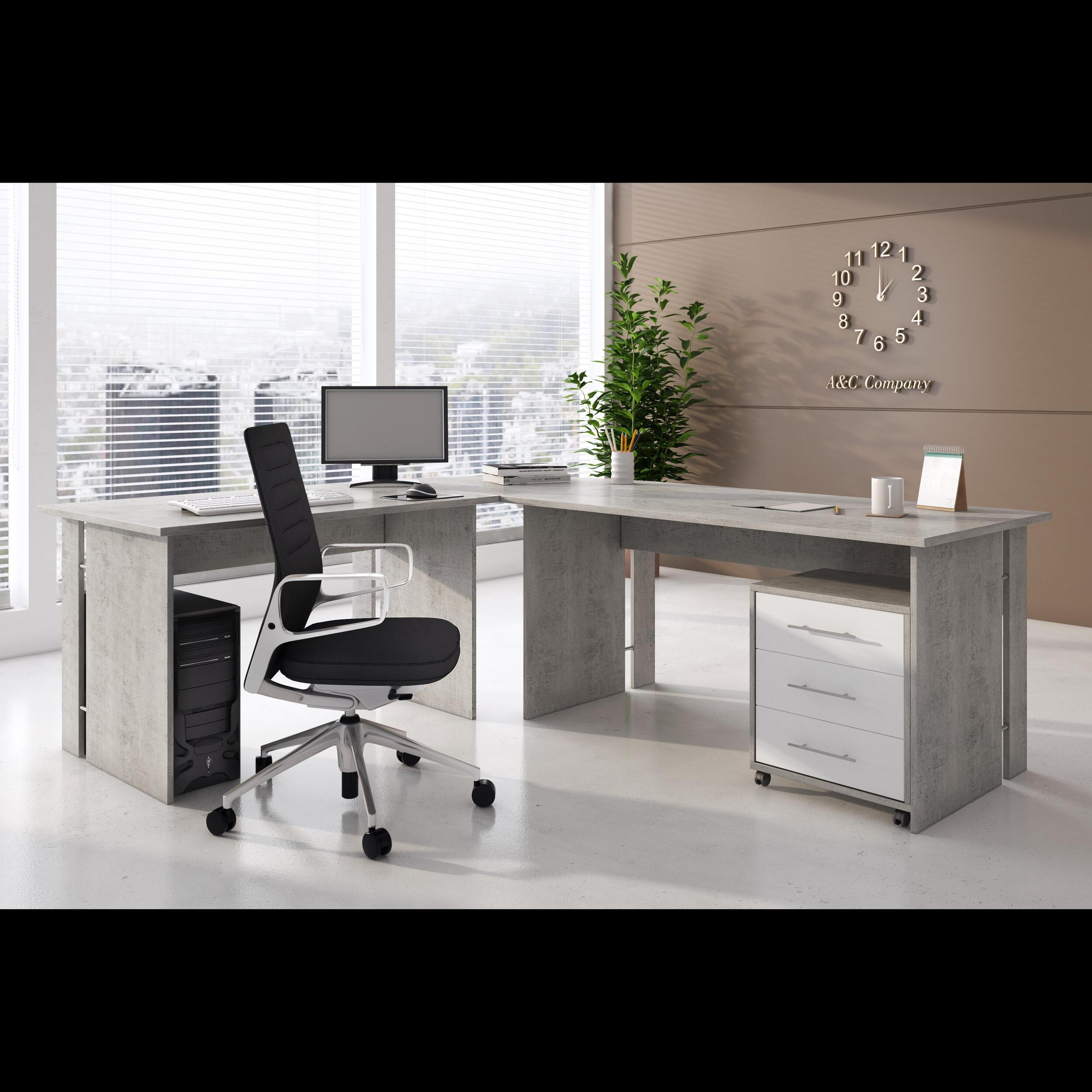 Set Ufficio Completo Con 2 Scrivanie 1 Modulo Ad Angolo 1 Cassettiera Con Ruote 2 Armadi Alto e Basso 2 Librerie Alta E Bassa Bianco E Grigio Cemento