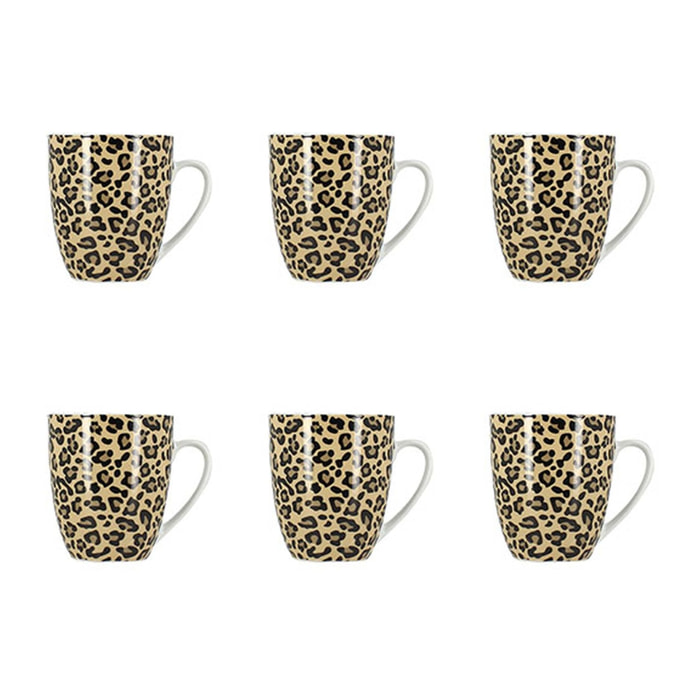 Lot de 6 mugs 35cl en porcelaine beige à motif léopard ANIMALS