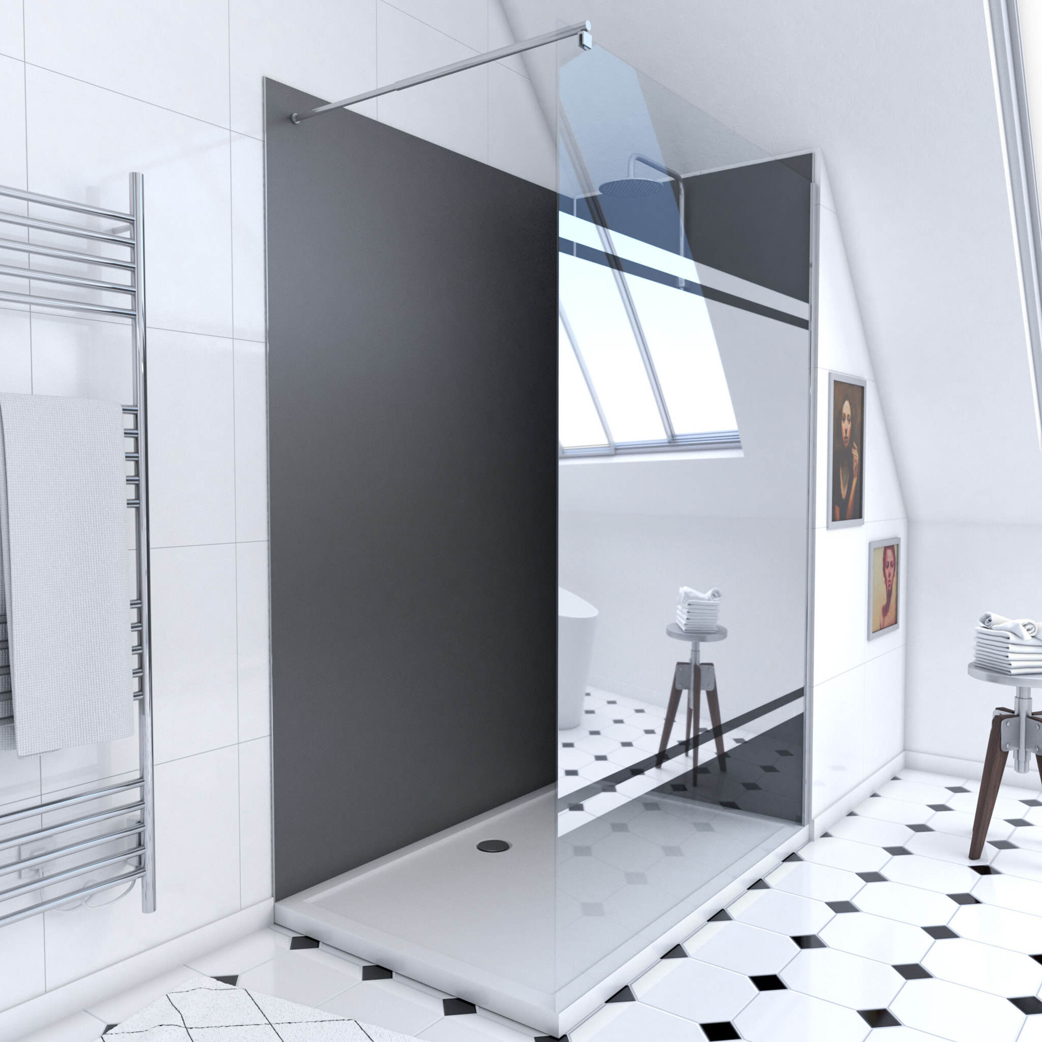Pack Douche a l'Italienne 90x120 - Kit Panneaux Muraux Gris/Chrome + Receveur + Paroi Miroir 8 mm