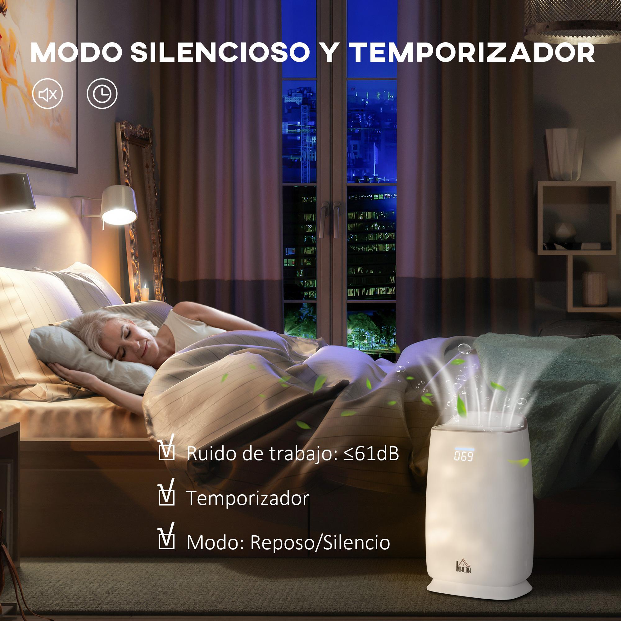 HOMCOM Purificador de Aire con Filtro HEPA de 3 Capas CADR 220 m³/h hasta 28 m² Purificador de Sobremesa con Pantalla LED 4 Velocidades Temporizador Modo Nocturna y Silencioso 30x17x53 cm Blanco