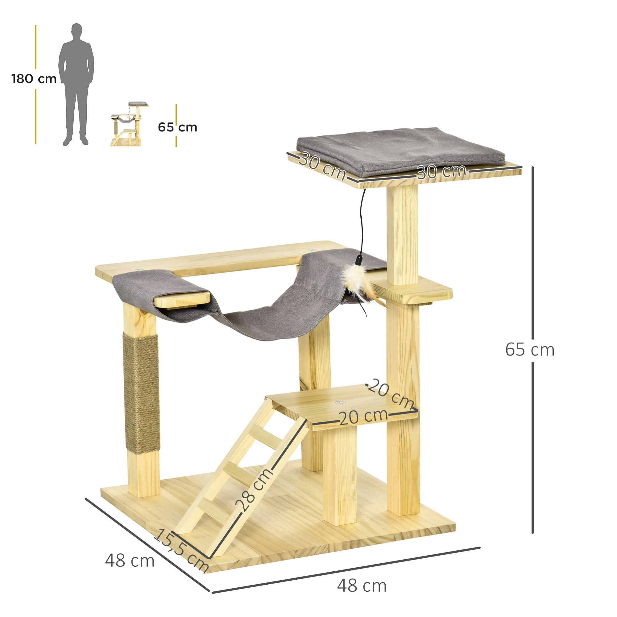 Árbol Rascador para Gatos de Madera 65 cm con Plataformas para Interior Exterior