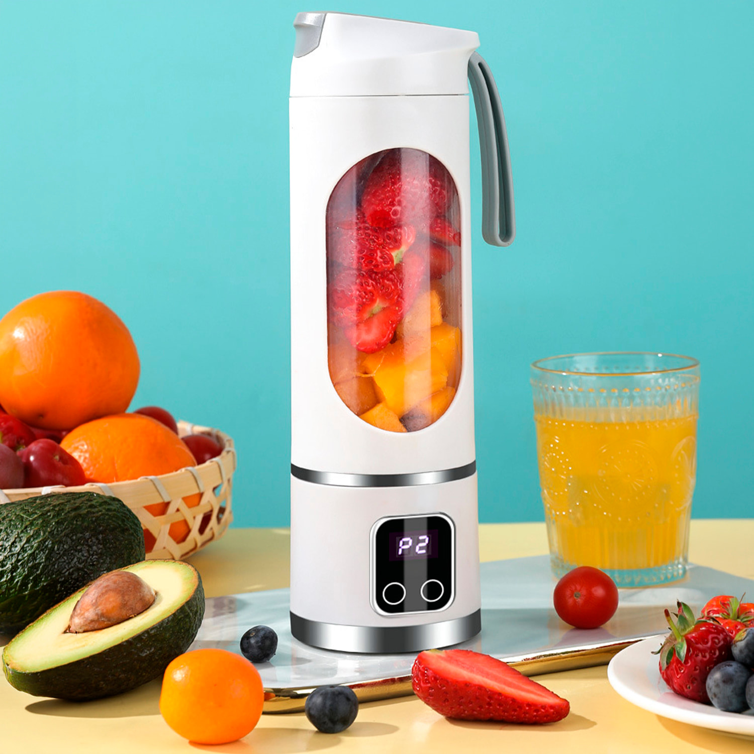 Frullatore portatile da 450 ml con 10 lame in acciaio, schermo LCD, 3 livelli di timer, sicurezza con doppio clic e batteria da 1300 mAh.