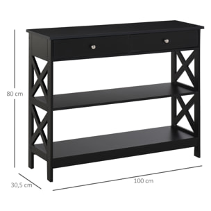 Console style table de drapier néo-rétro 2 tiroirs 2 étagères dim. 100L x 30l x 80H cm MDF noir