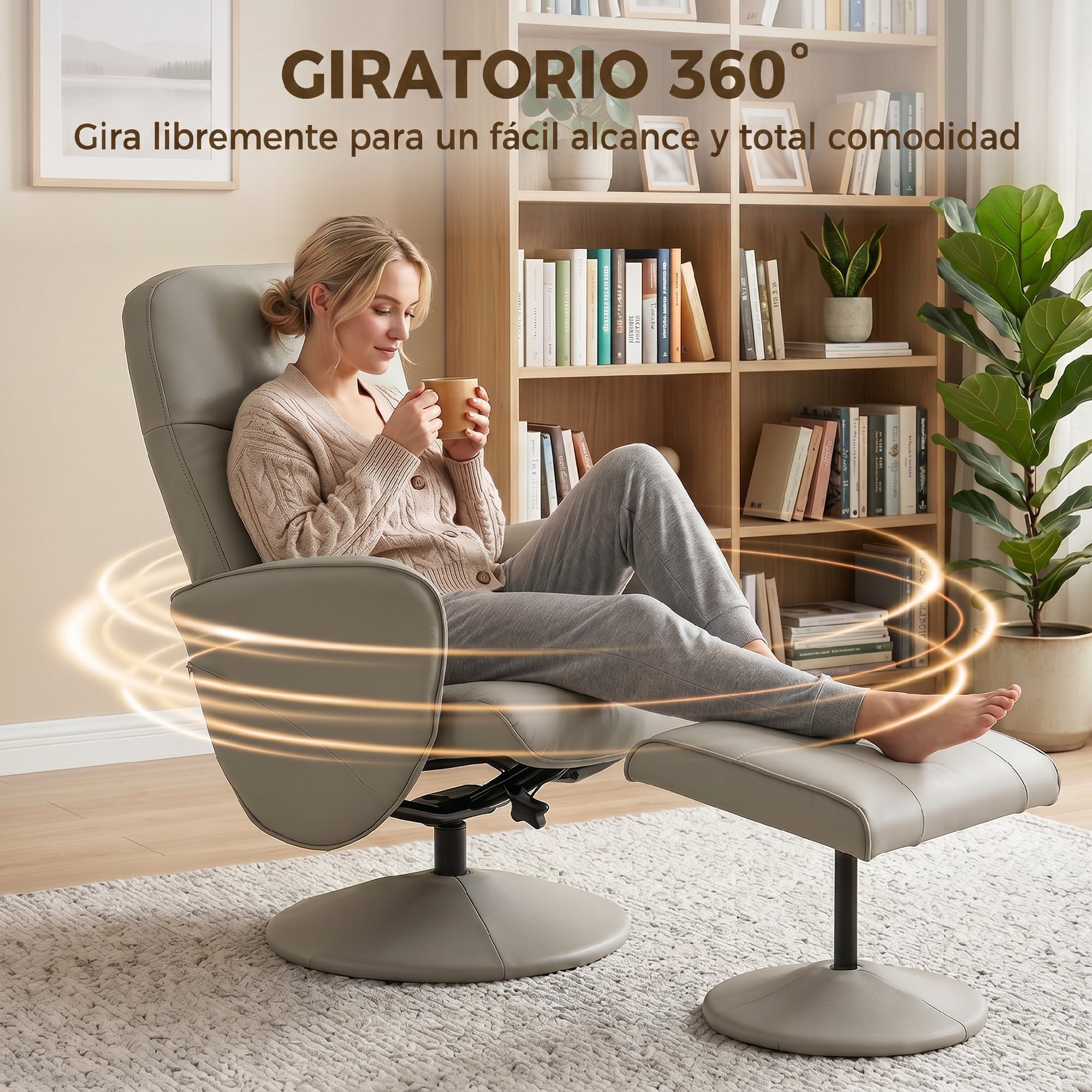 Sillón Relax Reclinable con Reposapiés, Sillón Relax de Cuero Sintético con Respaldo Alto, Giratorio 360°, Reposabrazos, para Salón, Dormitorio, Beige Gris
