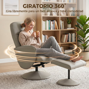 Sillón Relax Reclinable con Reposapiés, Sillón Relax de Cuero Sintético con Respaldo Alto, Giratorio 360°, Reposabrazos, para Salón, Dormitorio, Beige Gris
